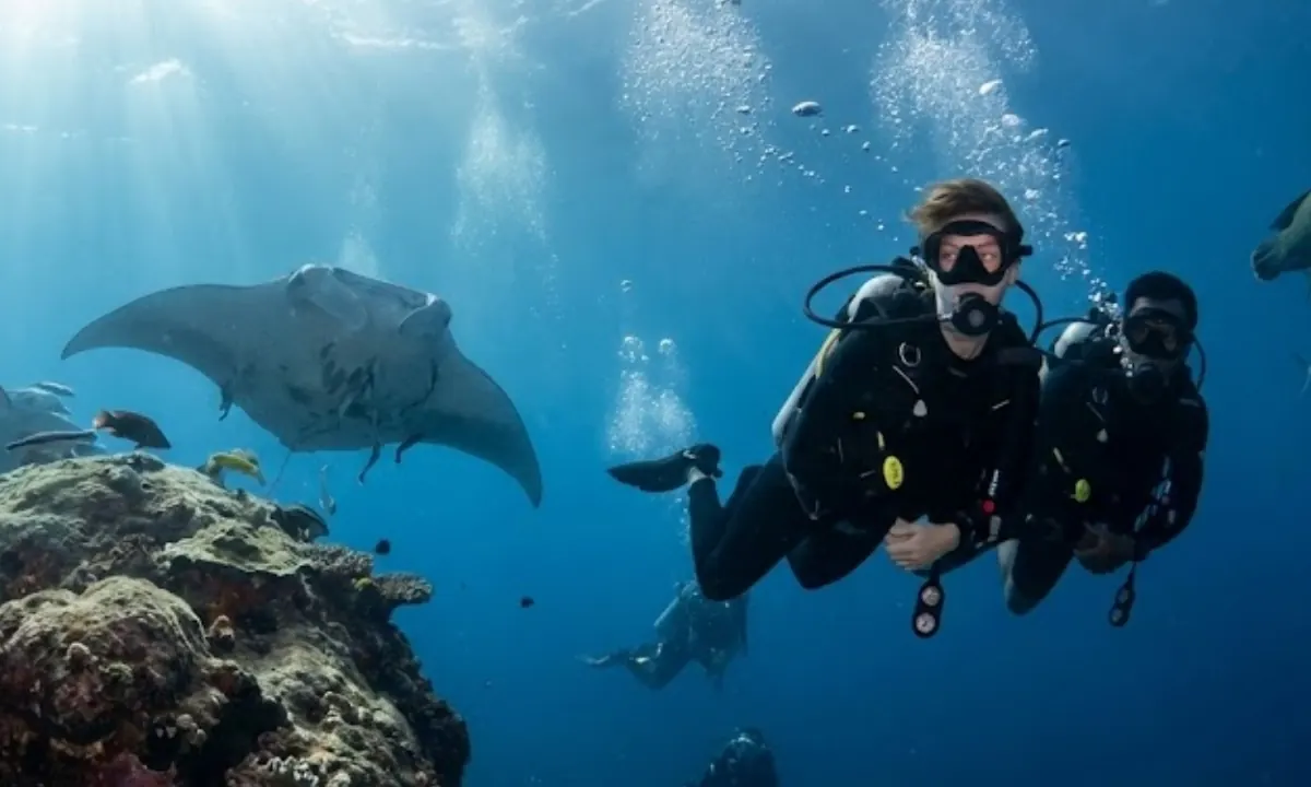 Two divers with a manta ray on a Bali dive